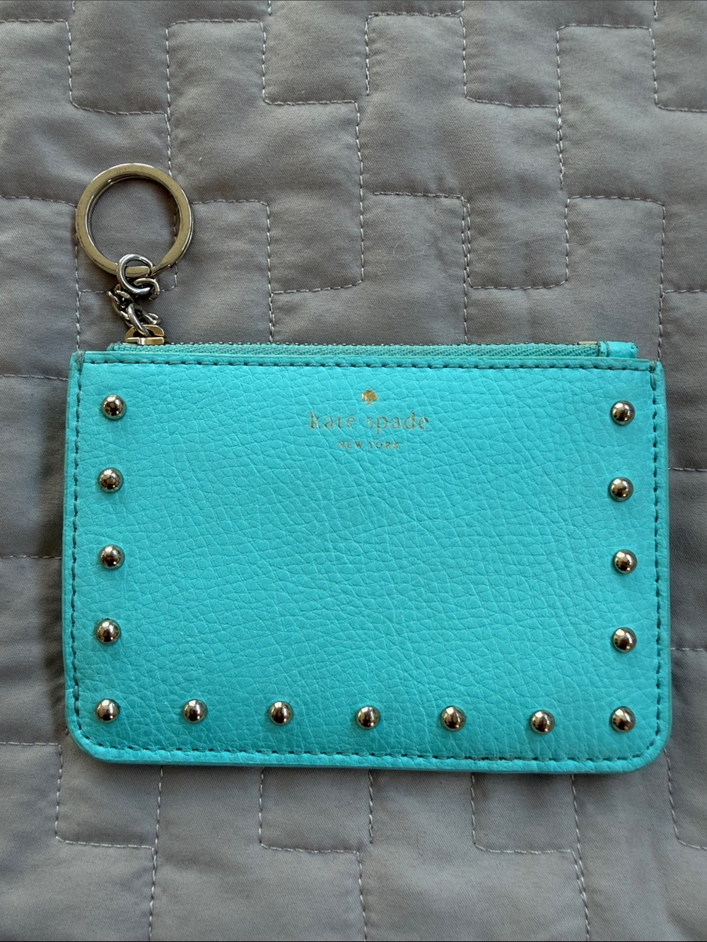 kate spade Turquoise Leather Studded Zip Key Card Holder